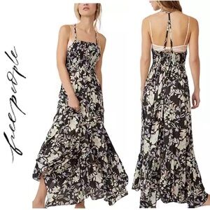 Free People Heat Wave boho floral Print Maxi Dress, spaghetti strap racer back,S